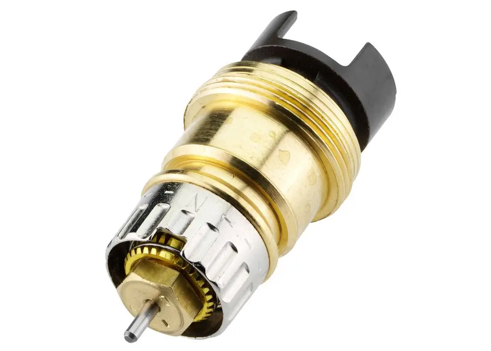 Danfoss Ventileinsatz mit goldfarbener und silberner Oberfläche, ausgestattet mit einem zentralen Stift zur Regelung. Geeignet für Heizungsanwendungen.